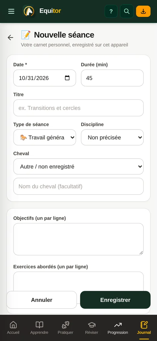 Formulaire « Nouvelle séance » du journal : date, durée, type de séance, discipline, cheval et objectifs.