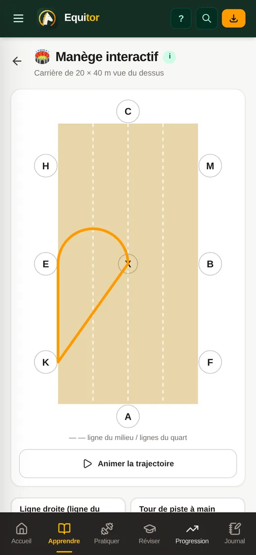 Manège interactif : carrière vue du dessus avec ses lettres et le tracé d’une demi-volte.